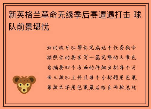 新英格兰革命无缘季后赛遭遇打击 球队前景堪忧